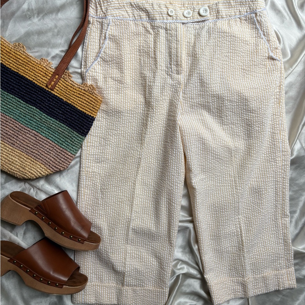 Butter Yellow + White Striped Seersucker Capri Pants